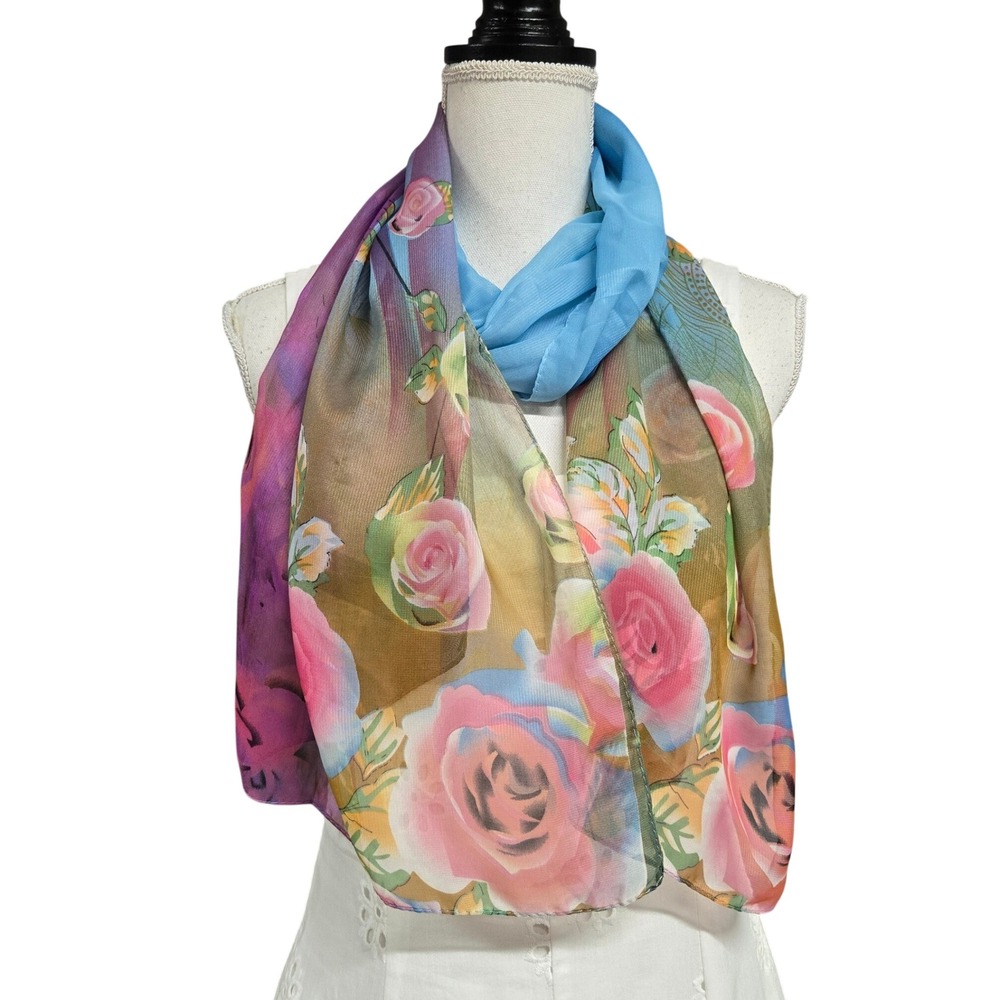 Floral Rose Print Viscose Scarf Pink Blue Purple Lightweight Rectangular Wrap